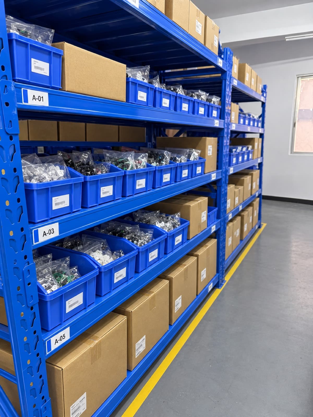 Numbered totes of components on warehouse shelves
