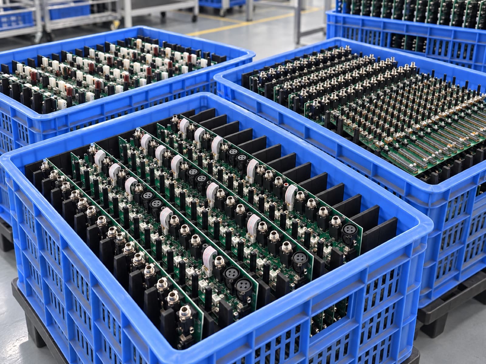 Circuit boards waiting in totes