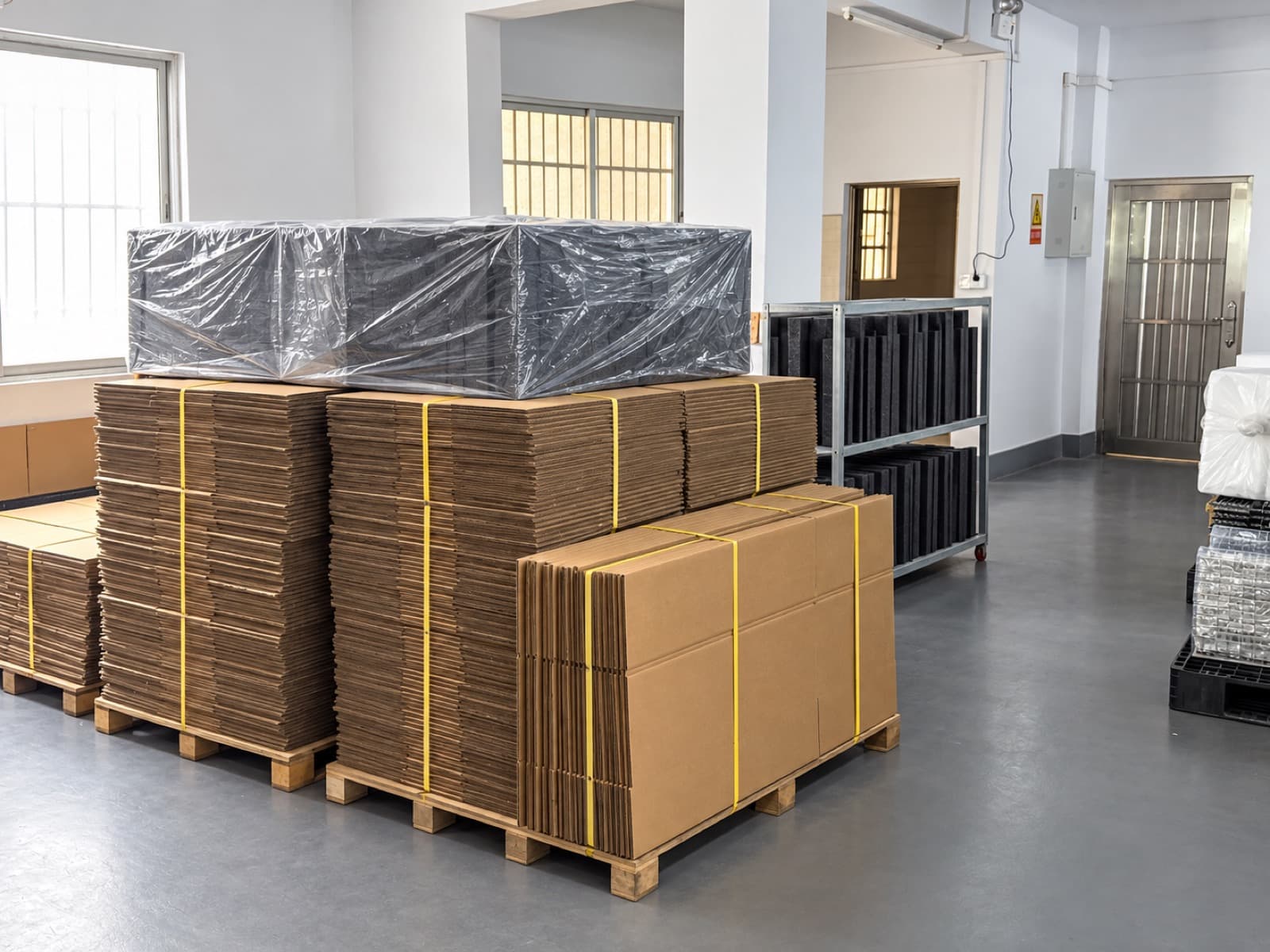 Flat cartons, foam, and stretch film stored in the packing area