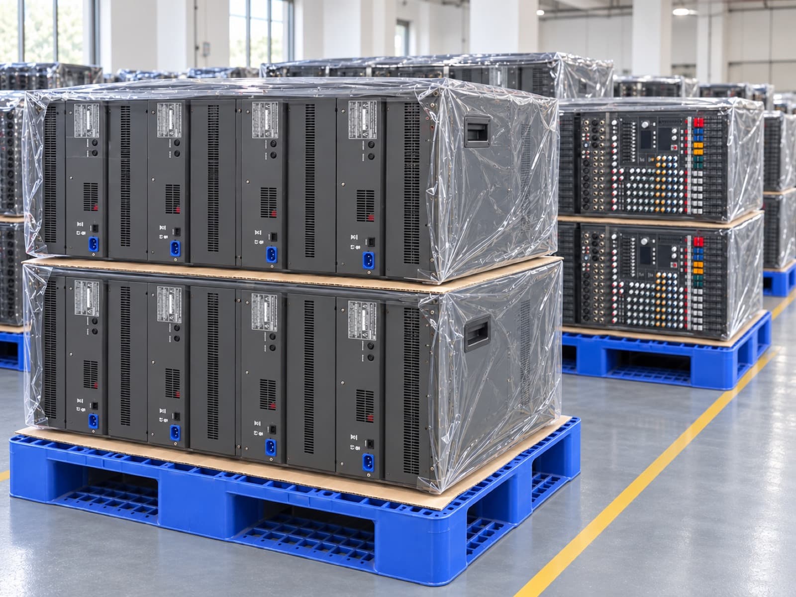 Power amplifiers and mixers on pallets, covered with protective film