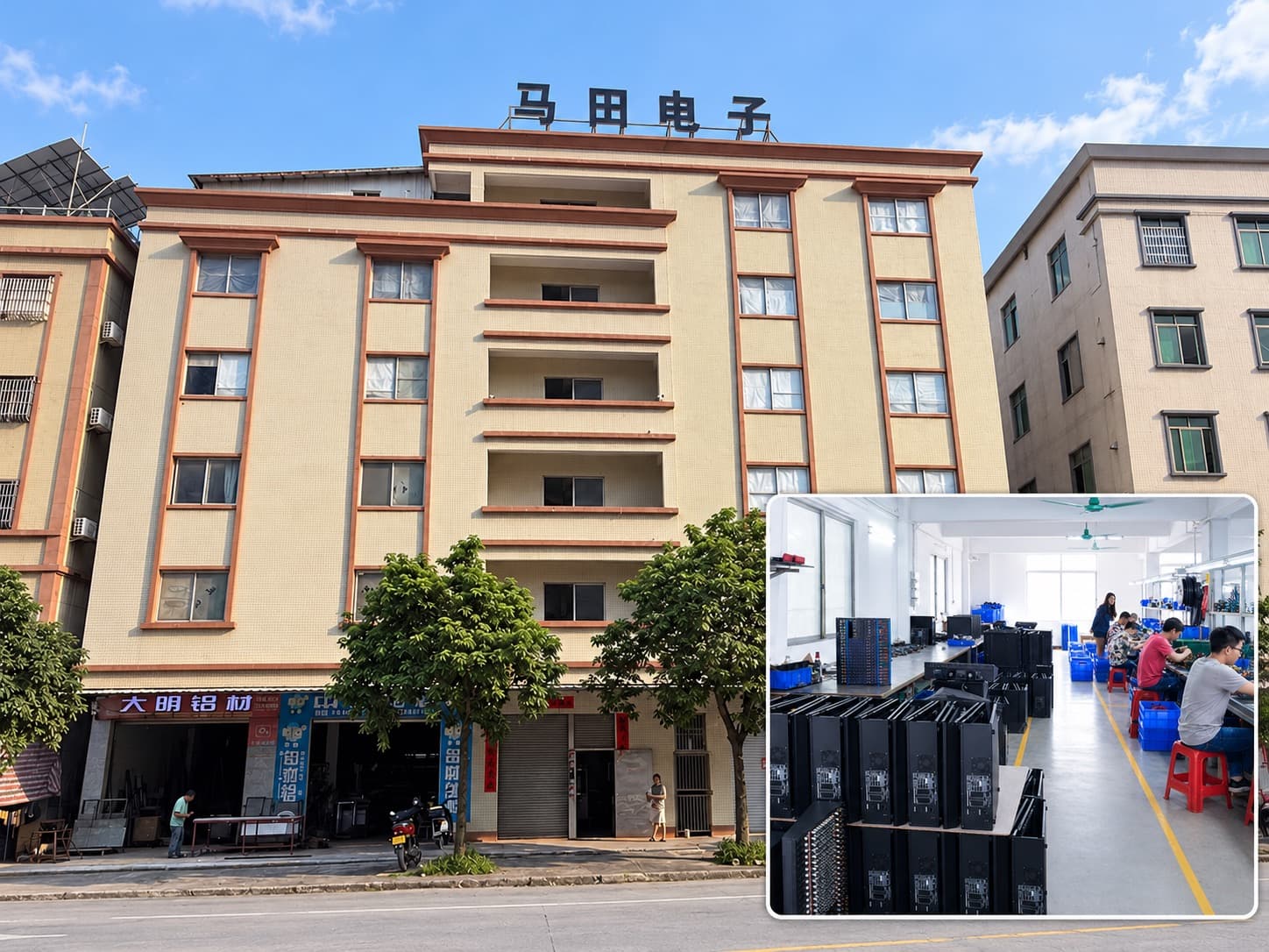恩平市马田电子厂厂房外观及车间，楼顶招牌为马田电子
