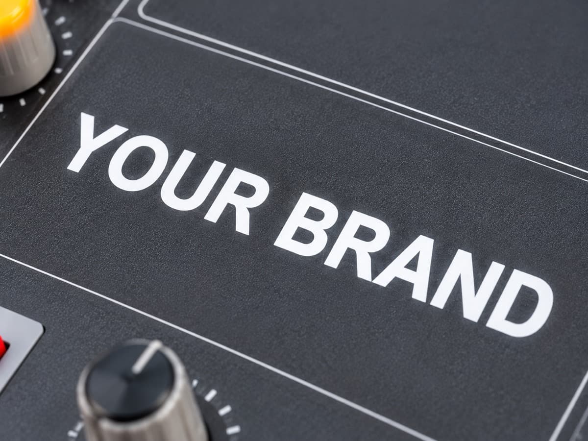 Close view of a mixer panel with YOUR BRAND shown in full