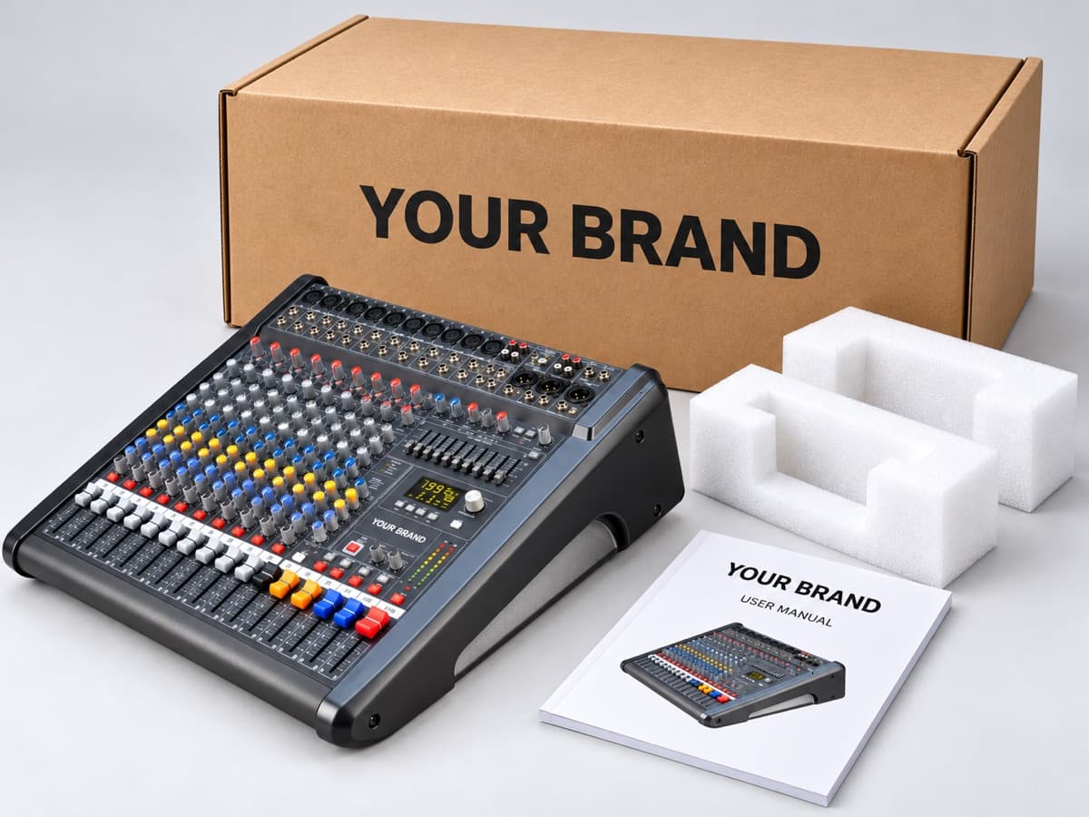 Carton, user manual, protective foam and mixer marked YOUR BRAND