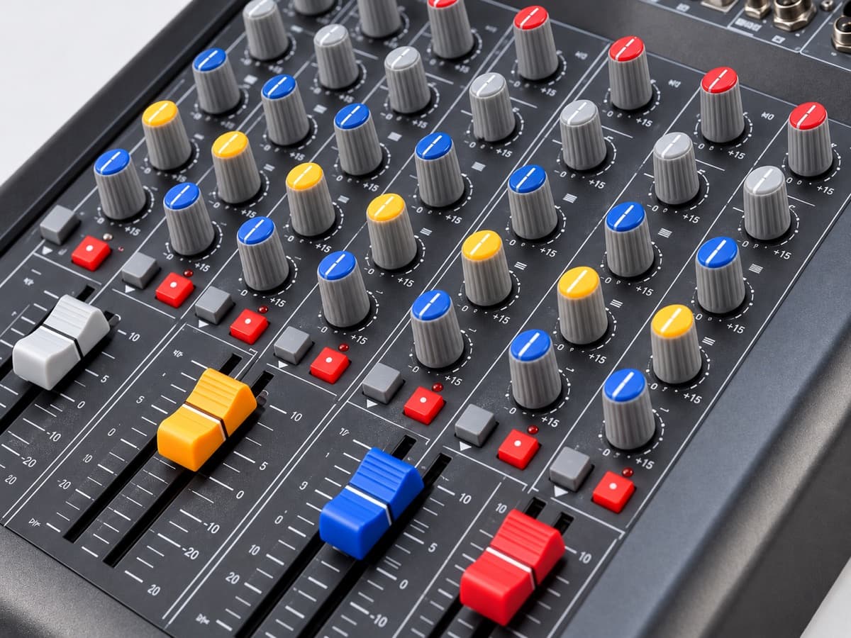 Close view of mixer knobs, faders and panel details