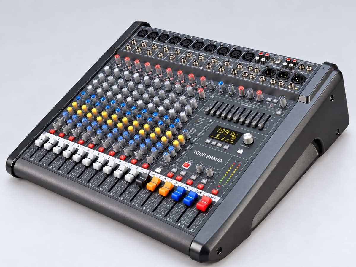 Full mixer sample showing the chassis, top connectors, control panel and side profile